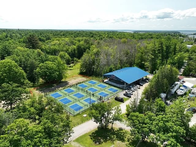 Aerial view of sport courts near Hall's Cottages, Honey Harbour