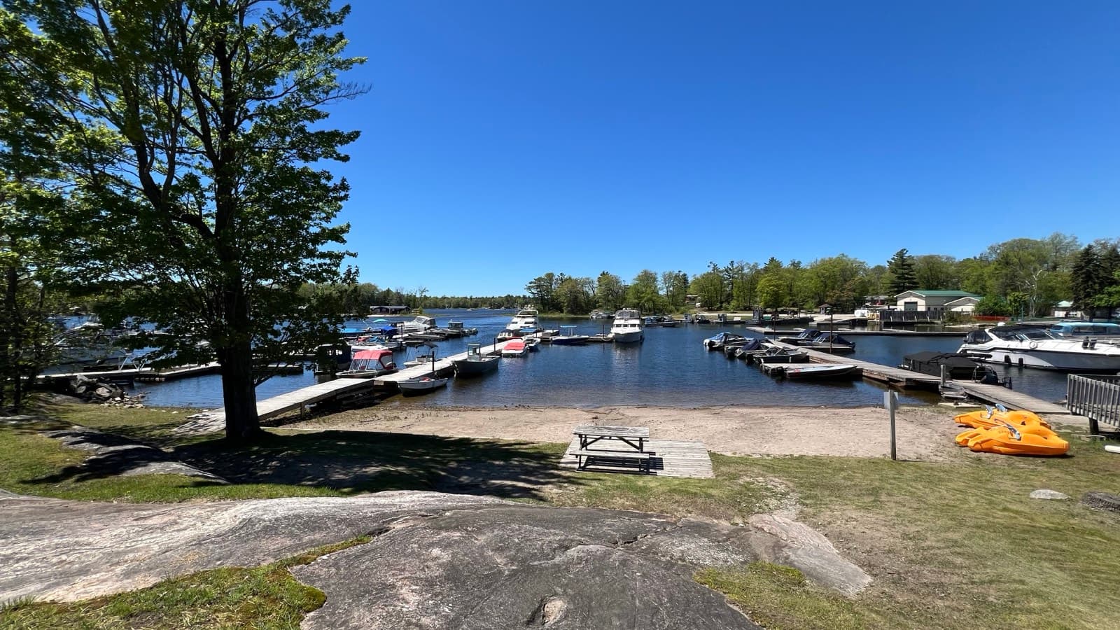 Boats docked at Hall's Cottages marina on Georgian Bay, Honey Harbour Ontario