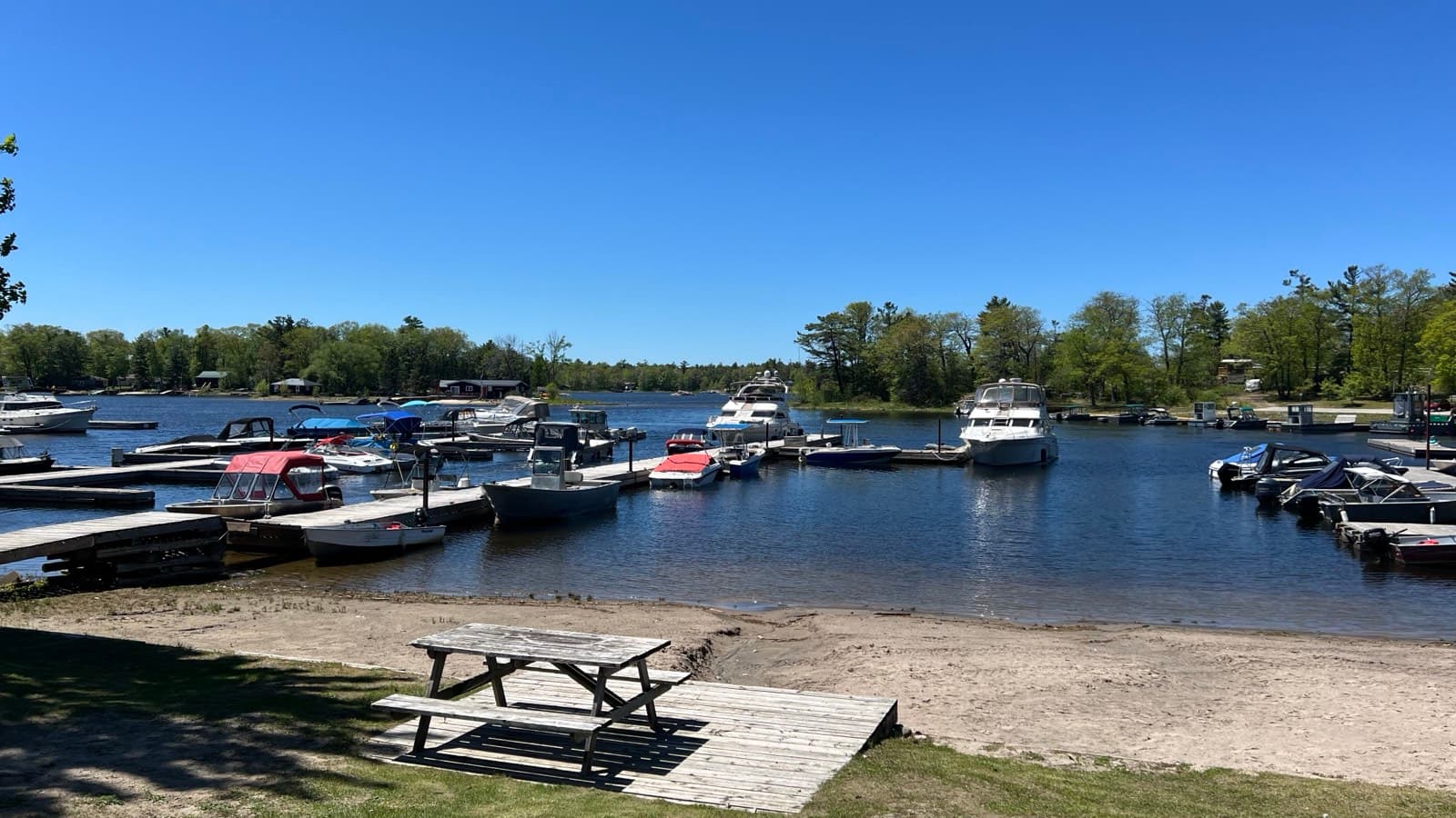 Georgian Bay waterfront fire pit and dock at Hall's Cottages, Honey Harbour Ontario
